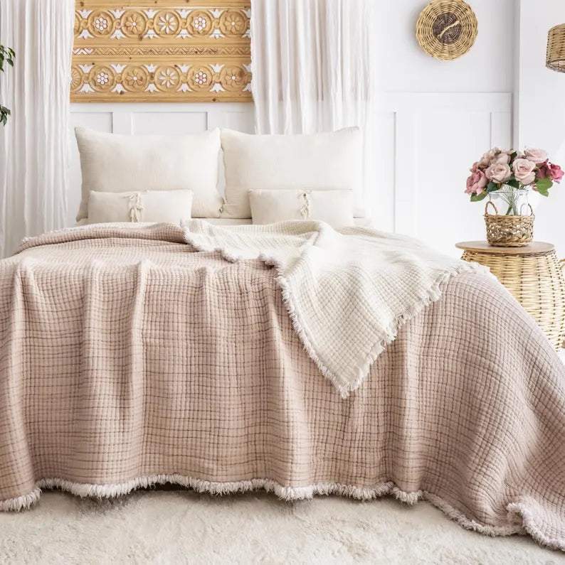 8 Layer Thick Muslin Comforter, Extra Soft Cotton King Size Muslin Quilt, Turkish Cotton Throw